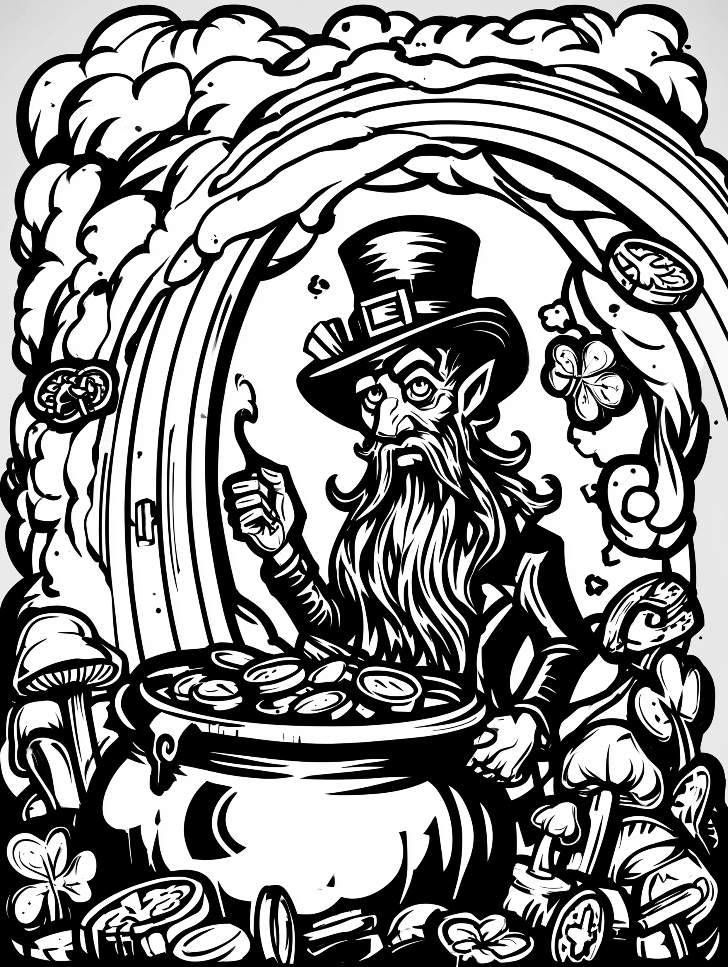 Free printable St Patricks Day coloring page for adults featuring a leprechaun with a rainbow and pot of gold
